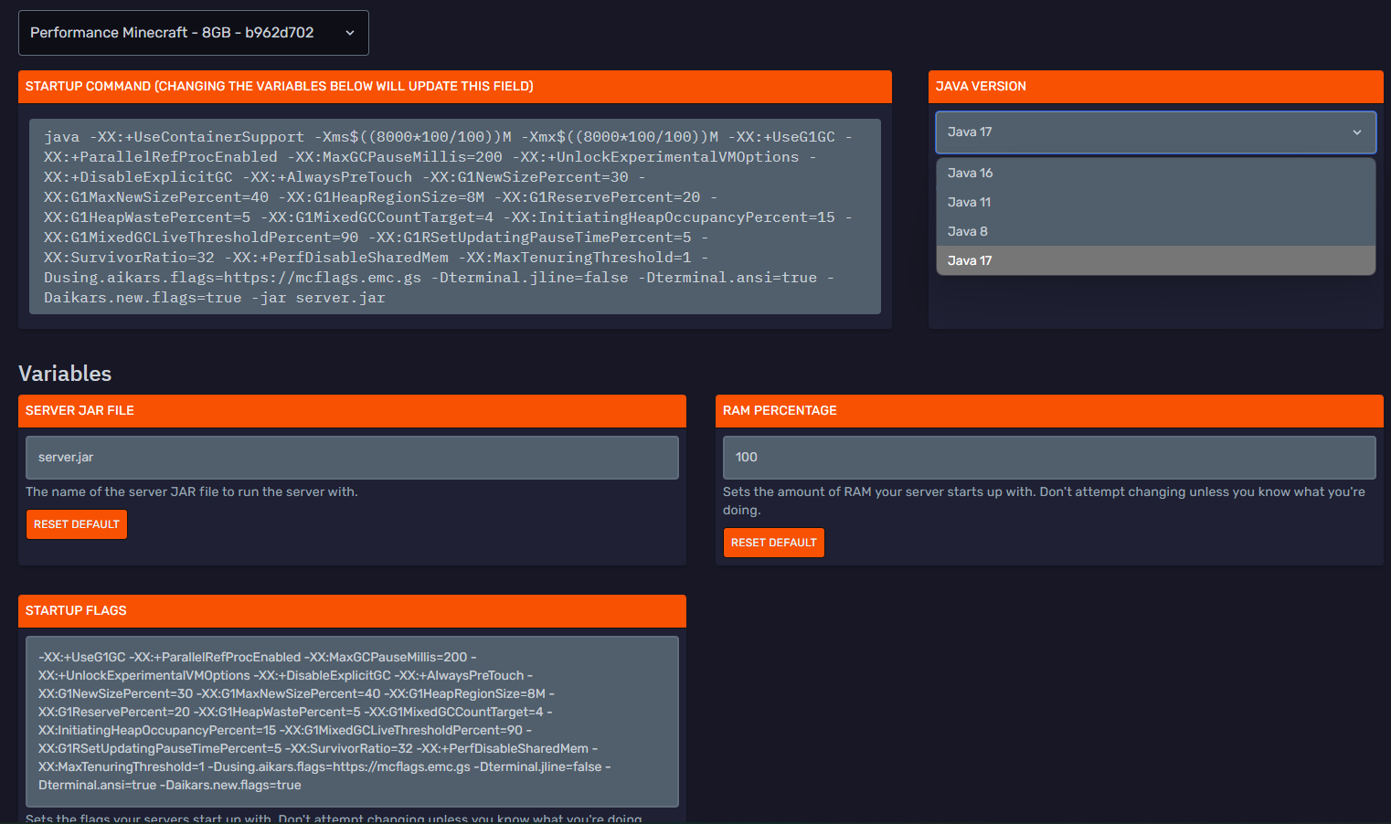 DuckPanel Startup tab showing the Java Version selector
